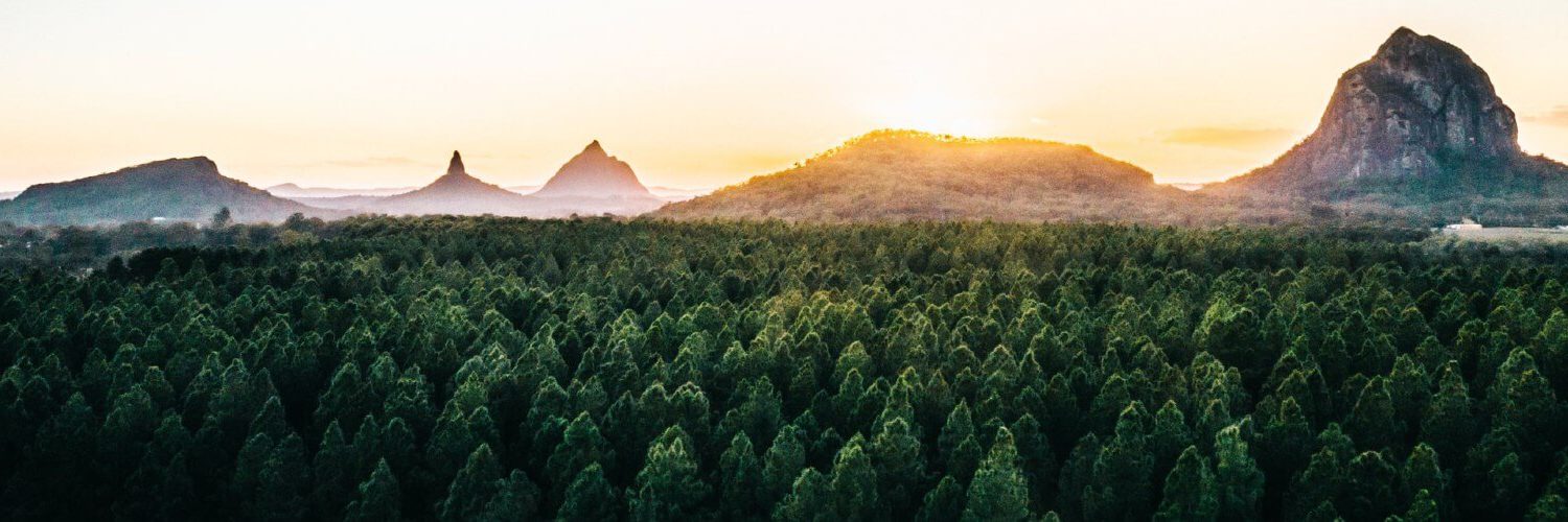 bergen van de glasshouse mountains doemen op in het landschap tijdens de rondreis van 5 weken Australië