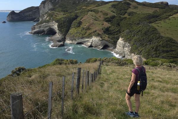 Wandelaar met uitzicht op de ruige kust van Cape Farewell tijdens een rondreis door Nieuw-Zeeland – opDroomreis.nu