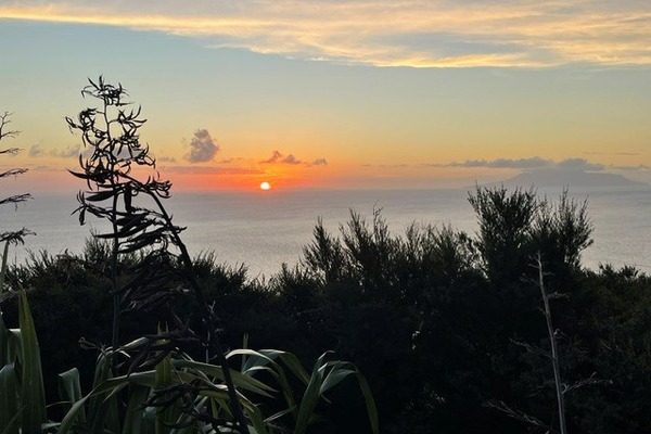 Zonsondergang boven zee vanaf Great Barrier Island tijdens een rondreis door Nieuw-Zeeland – opDroomreis.nu